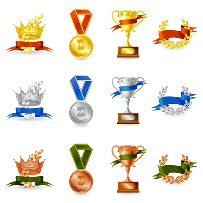 Set of colored victory awards and prize medals isolated vector illustration