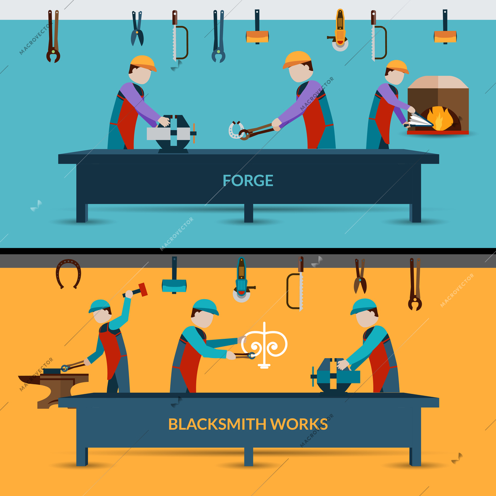 Blacksmith workshop with men working with forging metal flat vector illustration