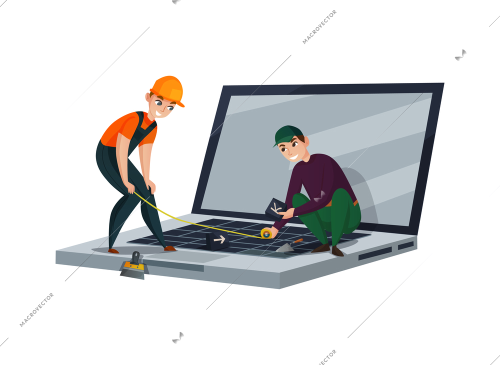 Electronics repair flat concept with workers fixing laptop vector illustration