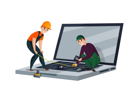 Electronics repair flat concept with workers fixing laptop vector illustration