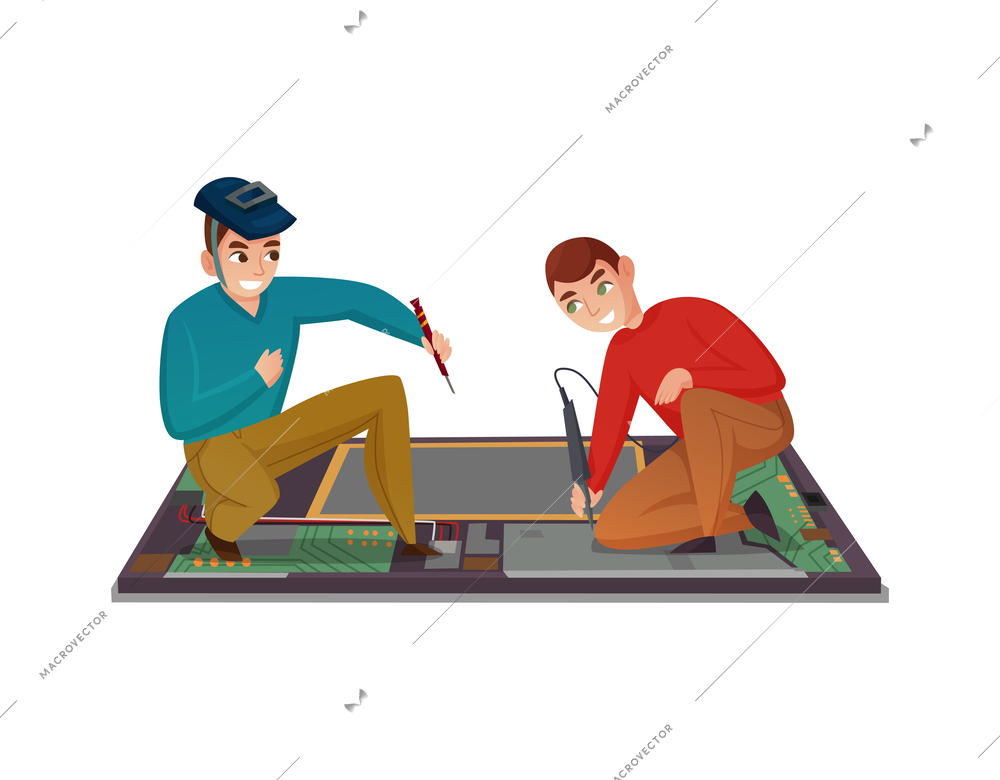 Electronics repair flat concept with workers fixing motherboard vector illustration