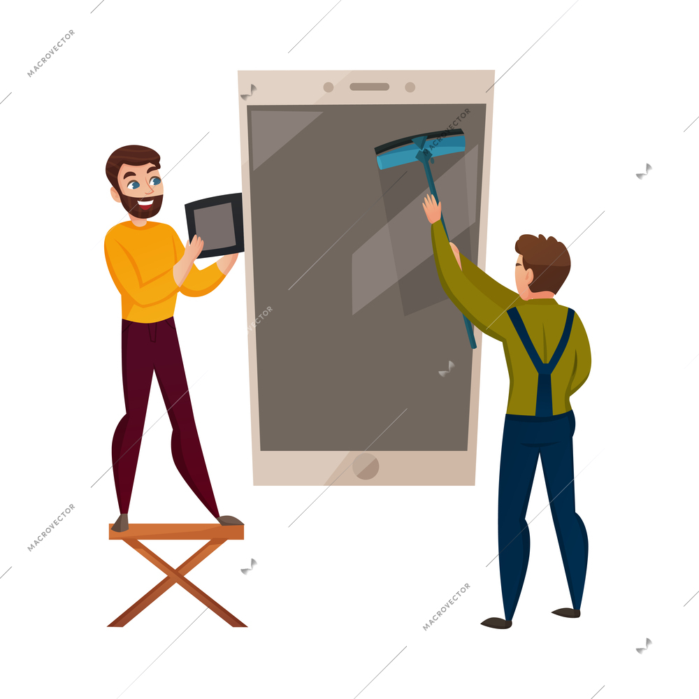 Electronics repair flat concept with two technicians fixing smartphone vector illustration