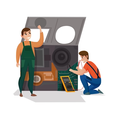 Electronics repair flat concept with technicians fixing electronic equipment vector illustration