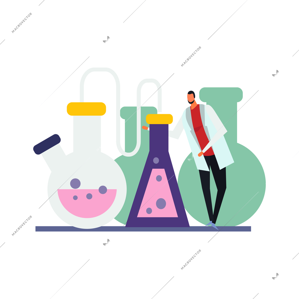 Science lab flat icon with character of scientist and glassware vector illustration