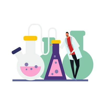 Science lab flat icon with character of scientist and glassware vector illustration