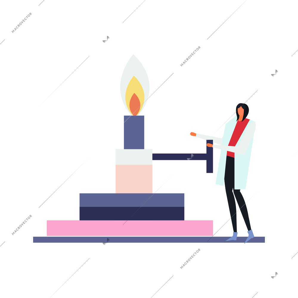 Science lab flat icon with burner and human character vector illustration
