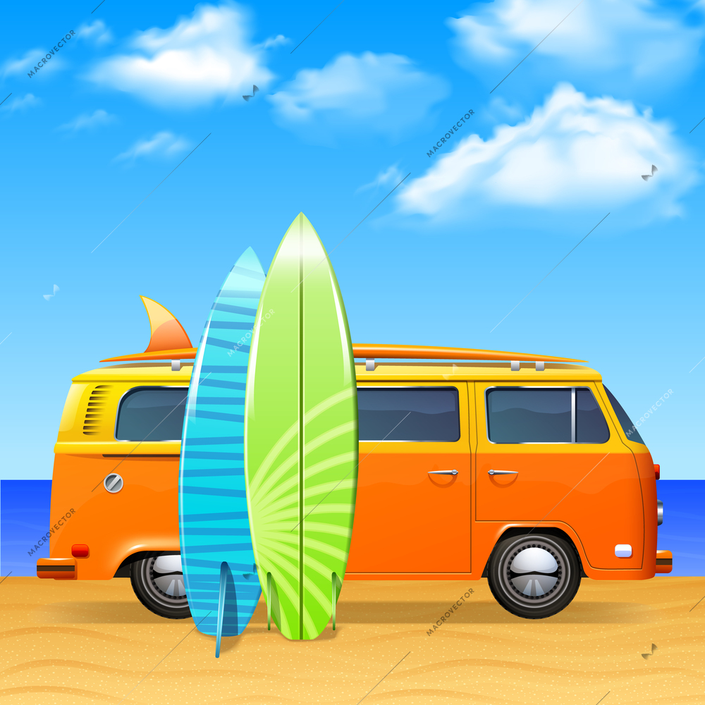 Retro bus with surf boards on summer sea background vector illustration