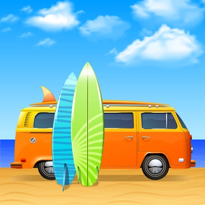 Retro bus with surf boards on summer sea background vector illustration