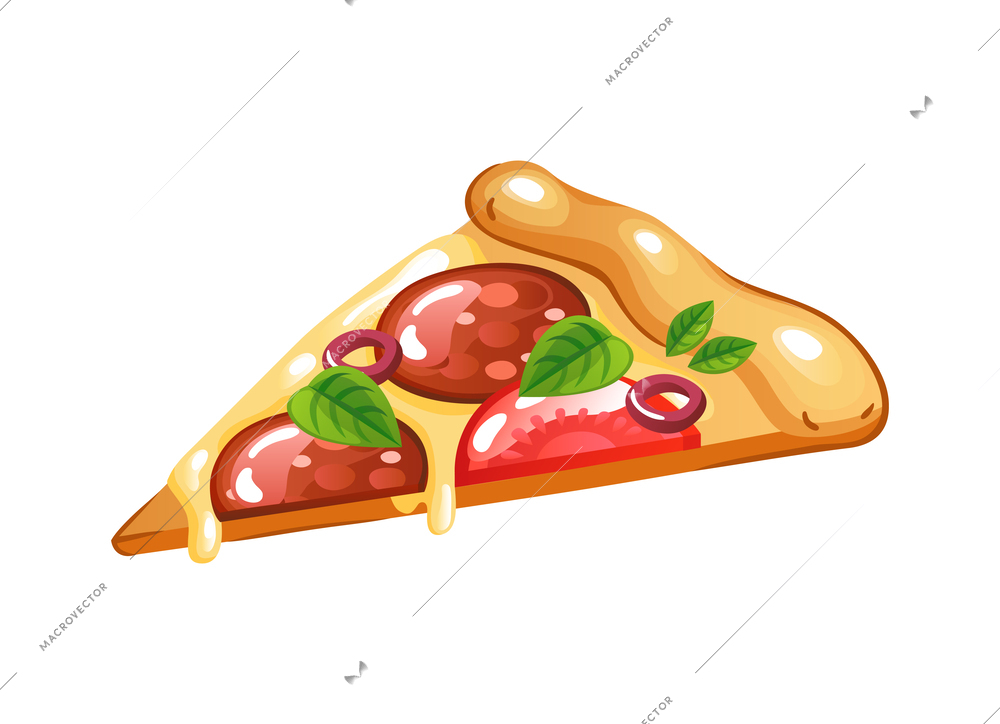 Piece of pepperoni pizza with melting cheese flat icon vector illustration