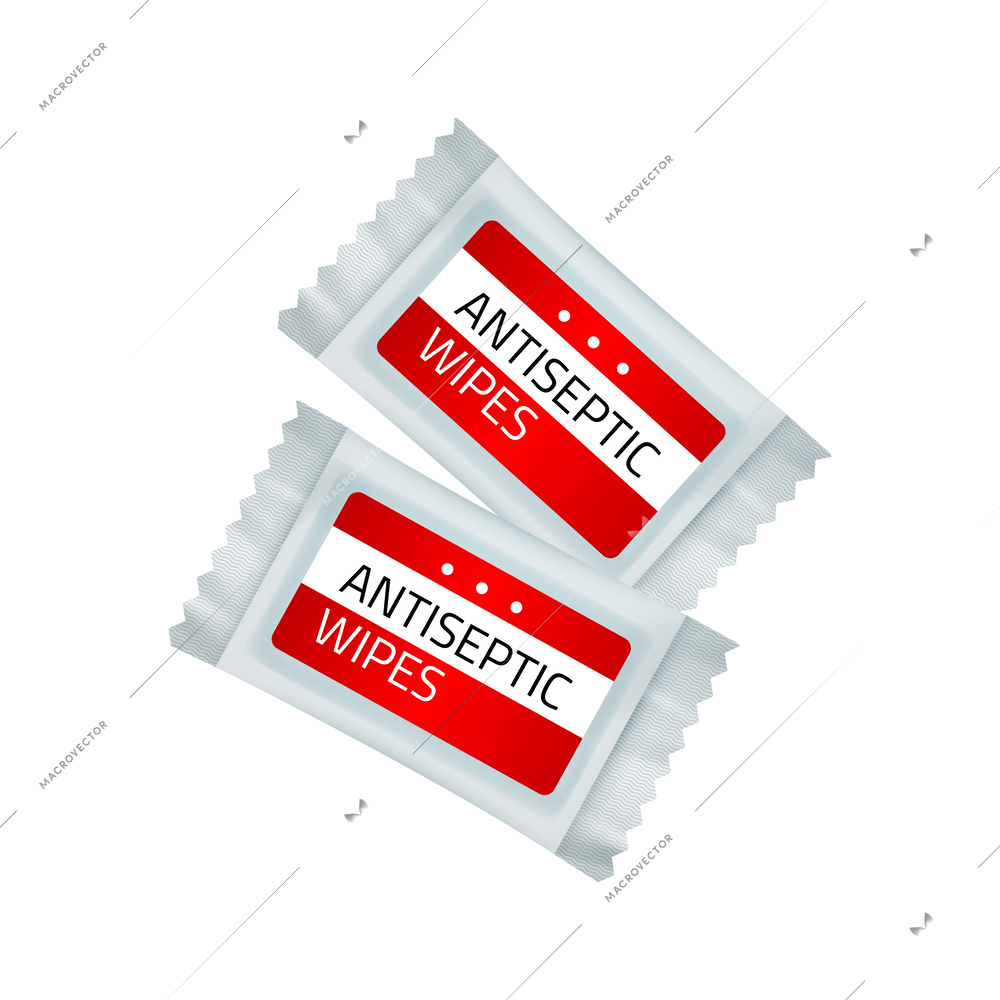 Anticeptic wipes packages on white background realistic vector illustration