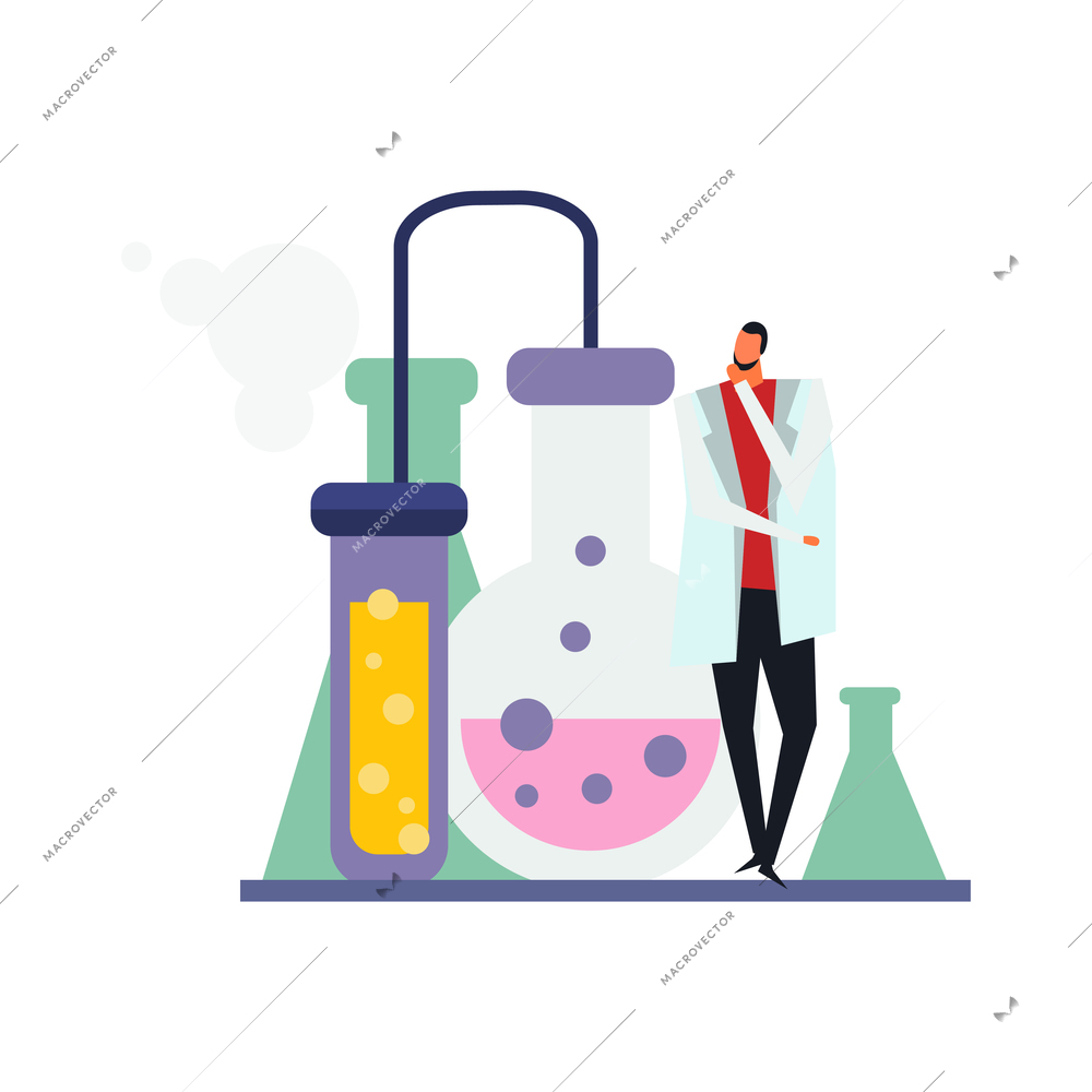 Science lab flat icon with test tube and human character vector illustration