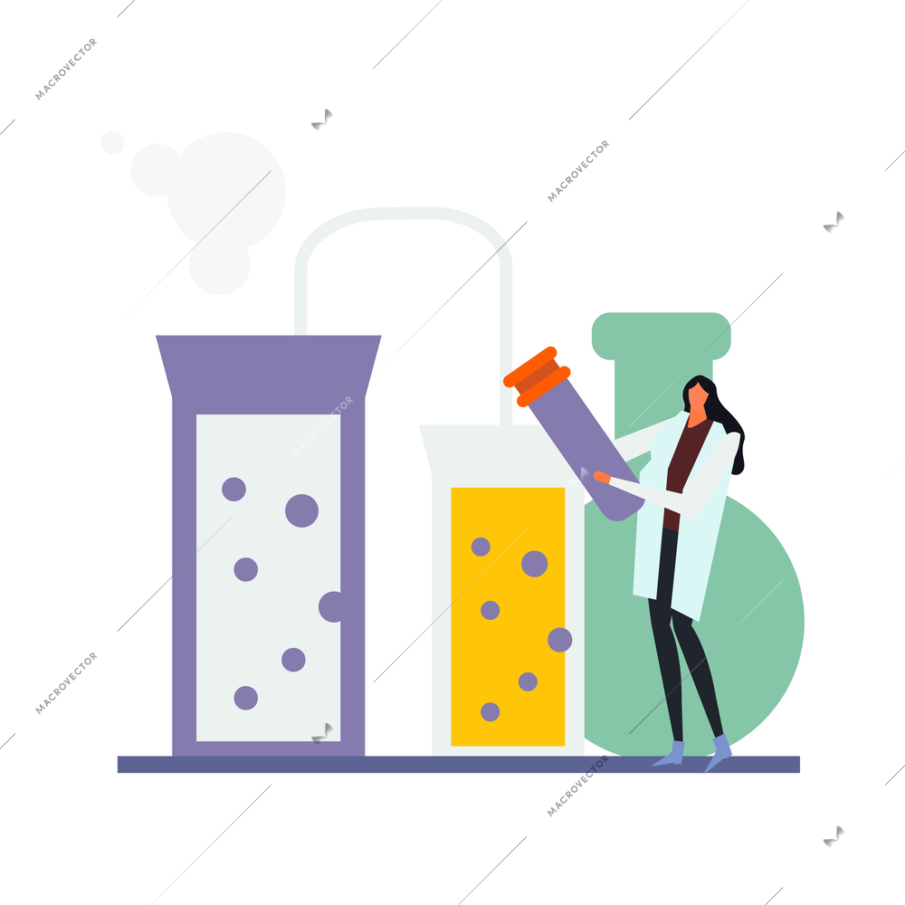 Science lab flat icon with laboratory glassware and scientist vector illustration