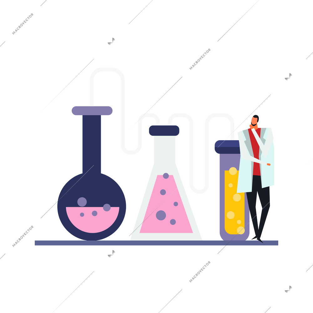 Science lab flat icon with laboratory flasks tubes and scientist vector illustration