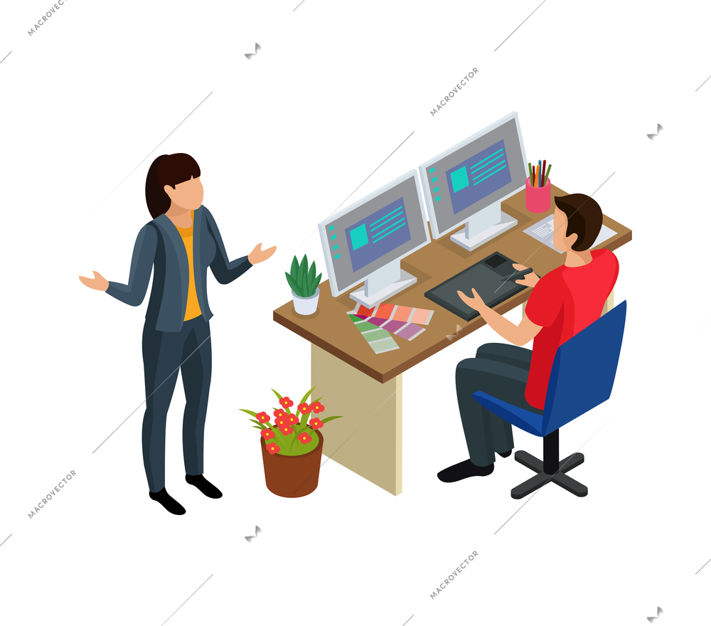 Advertising agency office workers characters isometric icon vector illustration