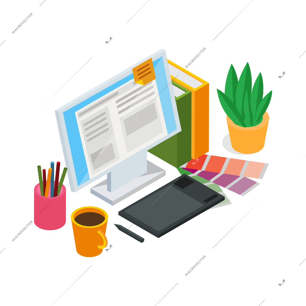 Advertising agency office workplace desk with computer color samples isometric icon vector illustration