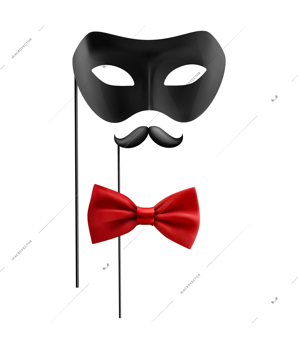 Photo booth party accessories with mask face moustache bow tie realistic vector illustration