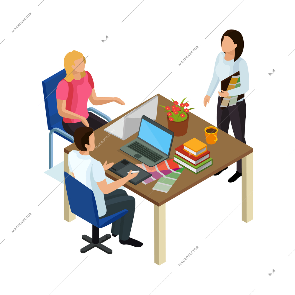 Advertising agency office workers during working process isometric icon vector illustration