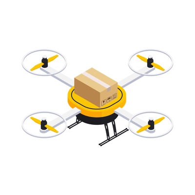 Isometric smart delivery drone carrying cardboard box 3d isolated vector illustration