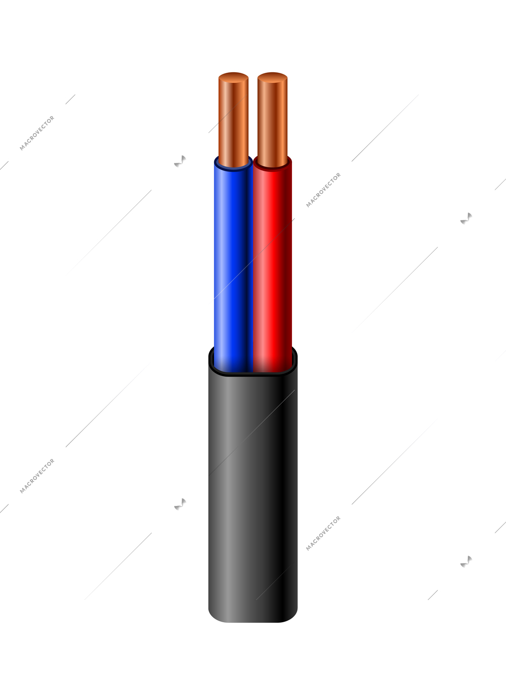 Electric cable with copper core isolated on white background realistic vector illustration