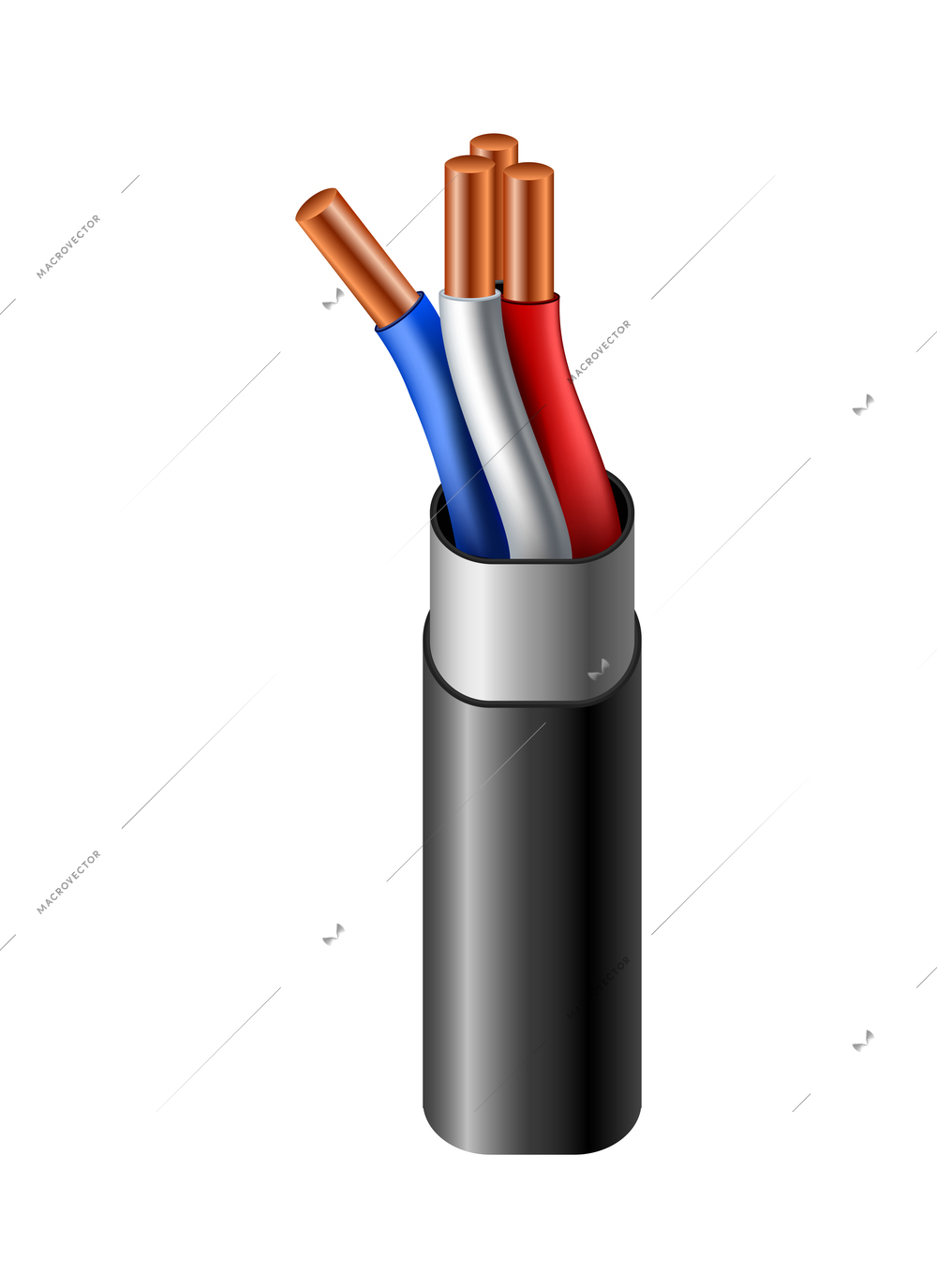 Realistic power cable with copper core isolated on white background vector illustration