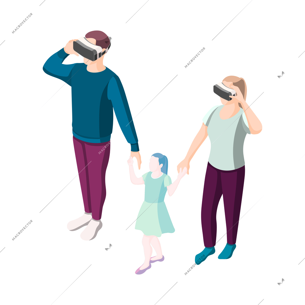 Virtual family isometric icon with people wearing vr headsets vector illustration