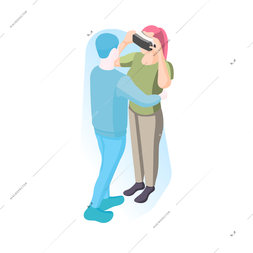 Virtual love isometric icon with woman during romantic date in augmented reality vector illustration