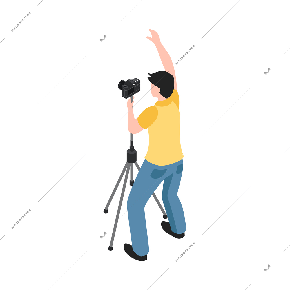 Professional photographer with camera on tripod isometric icon 3d vector illustration