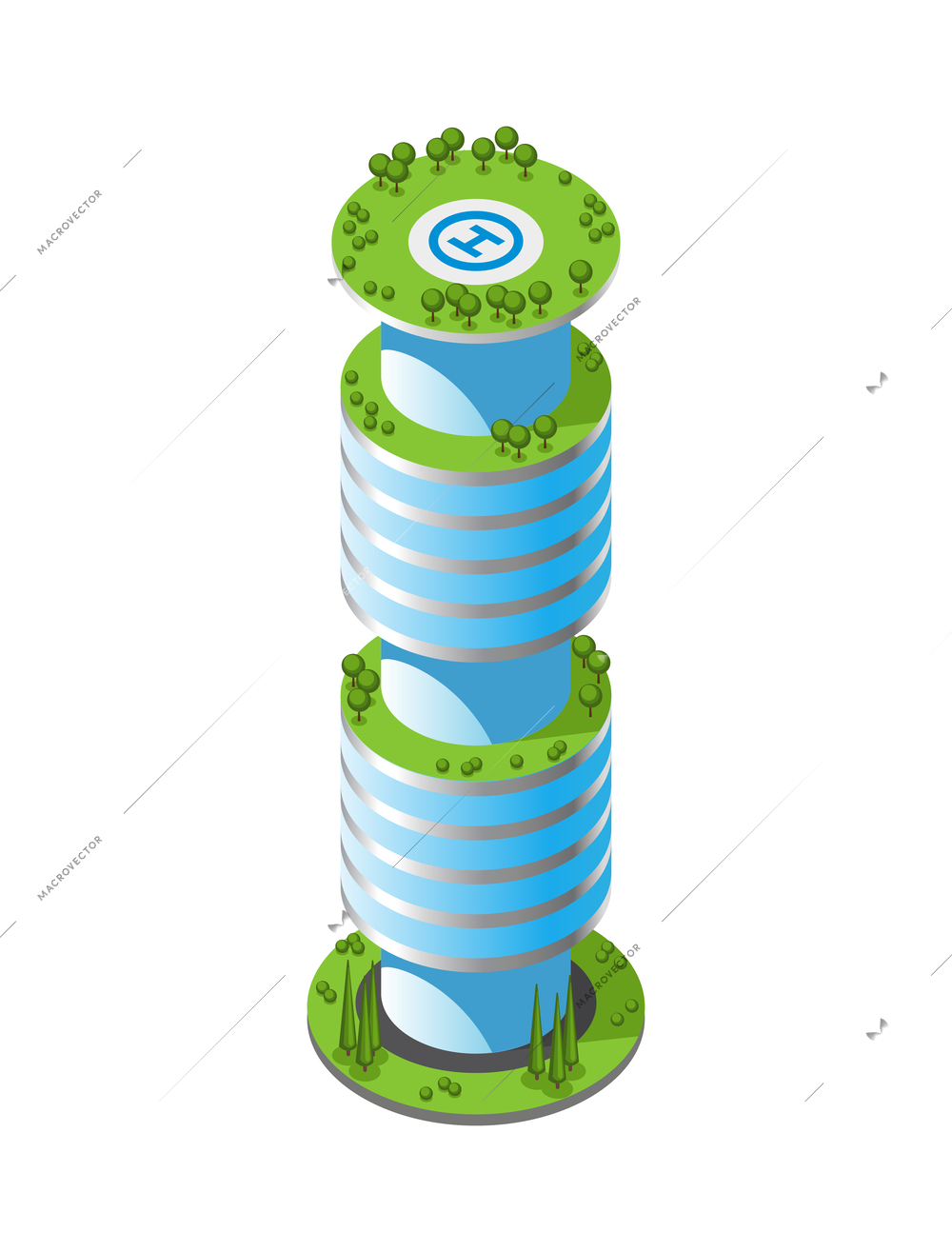 Futuristic skyscraper with green trees and helipad isometric icon 3d isolated vector illustration