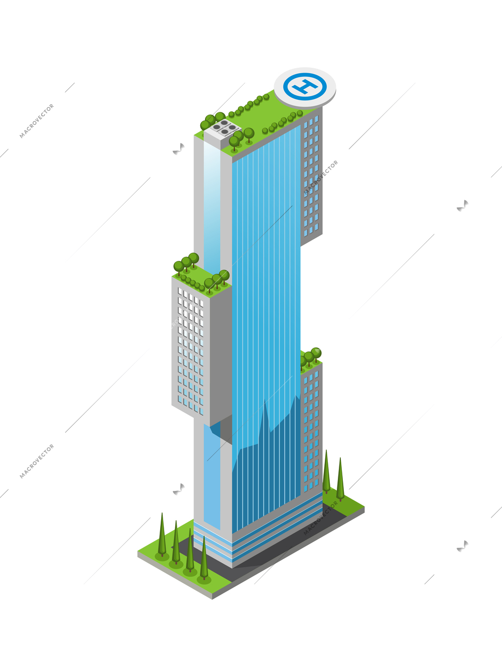 Isometric futuristic skyscraper with glass facade helipad and green area on roof 3d icon vector illustration