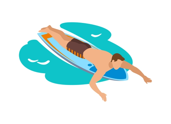 Male surfer body boarding or surfing isometric icon vector illustration