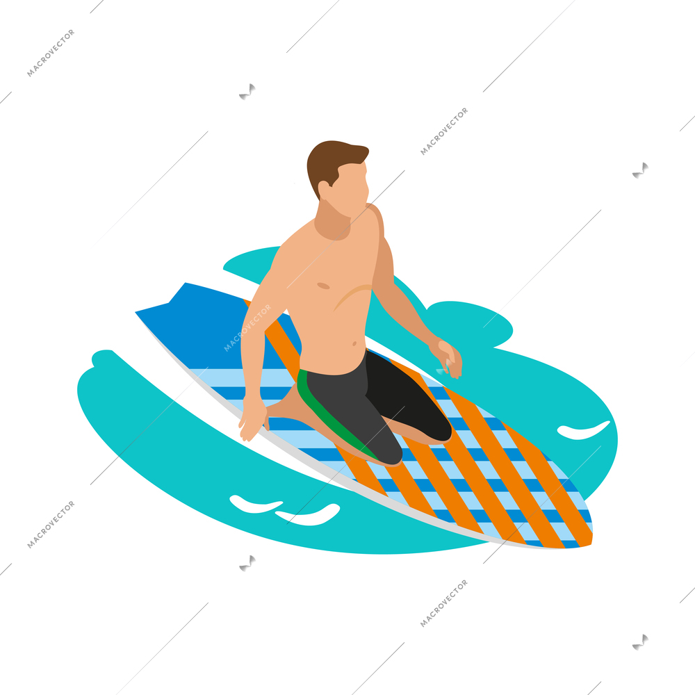 Surfing isometric icon with male surfer on board vector illustration