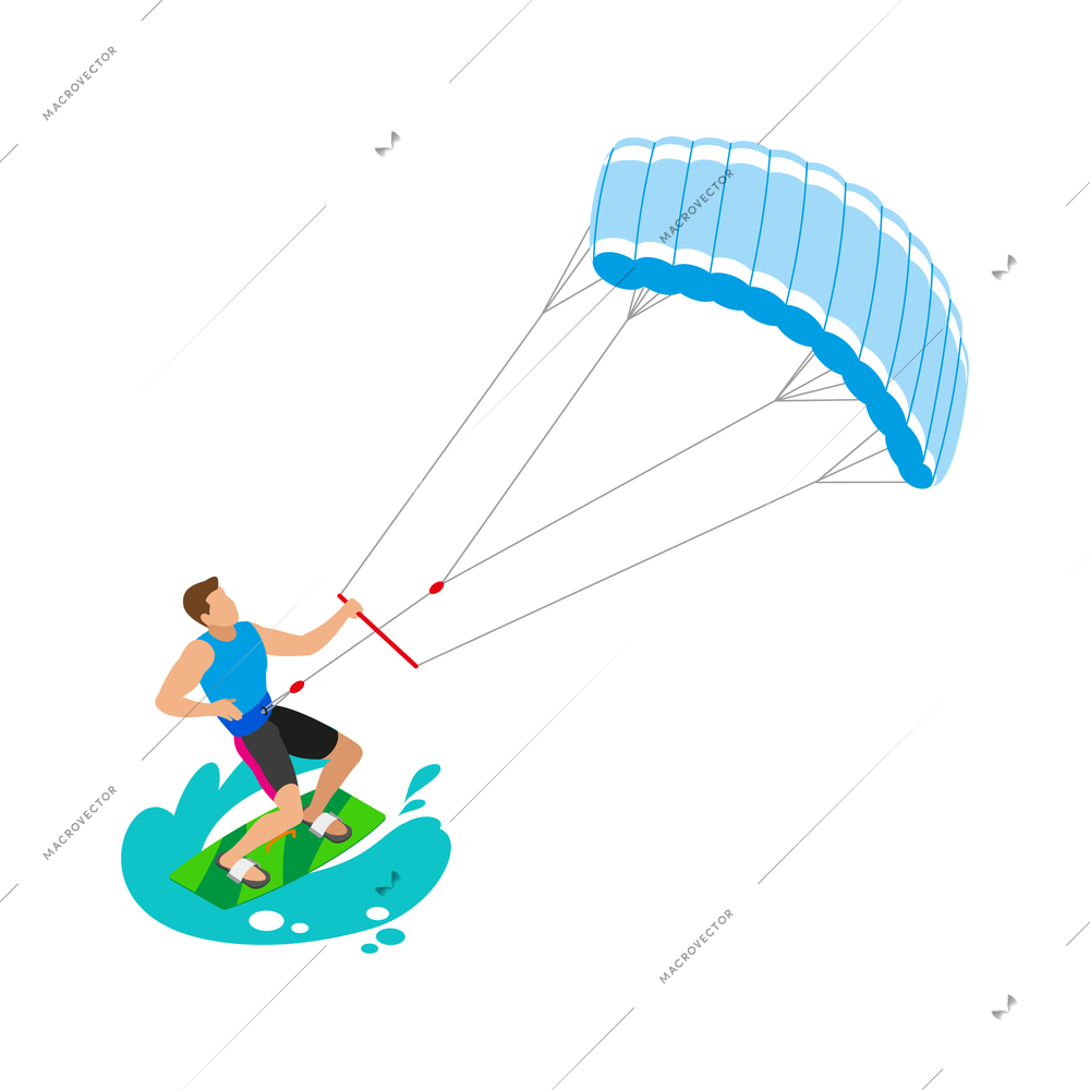 Kitesurfing isometric icon with male kite surfer riding on board holding plank 3d vector illustration