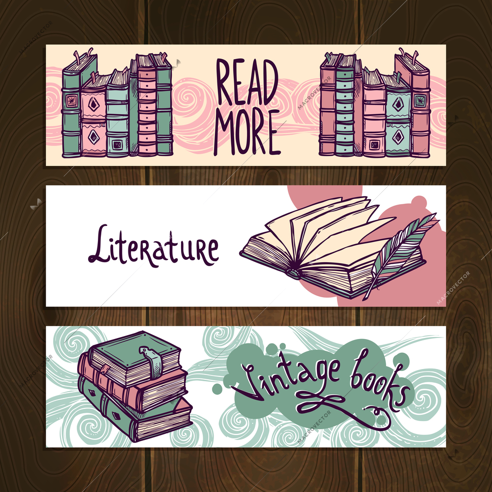 Retro antiquarian books hand drawn horizontal banner set isolated vector illustration