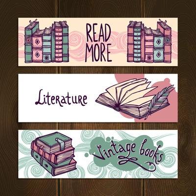 Retro antiquarian books hand drawn horizontal banner set isolated vector illustration