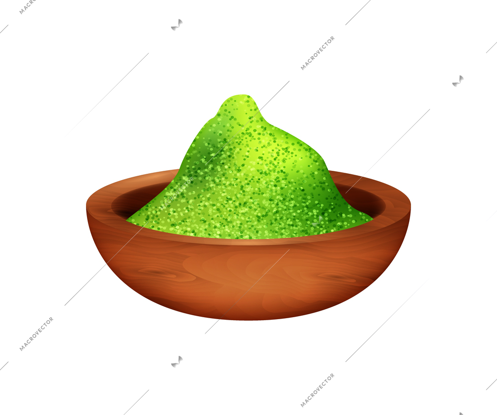 Realistic matcha tea powder in wooden bowl icon vector illustration