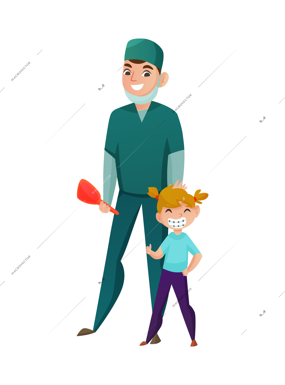 Pediatric dentistry flat concept with happy characters of male dentist and girl wearing orthodontic braces vector illustration