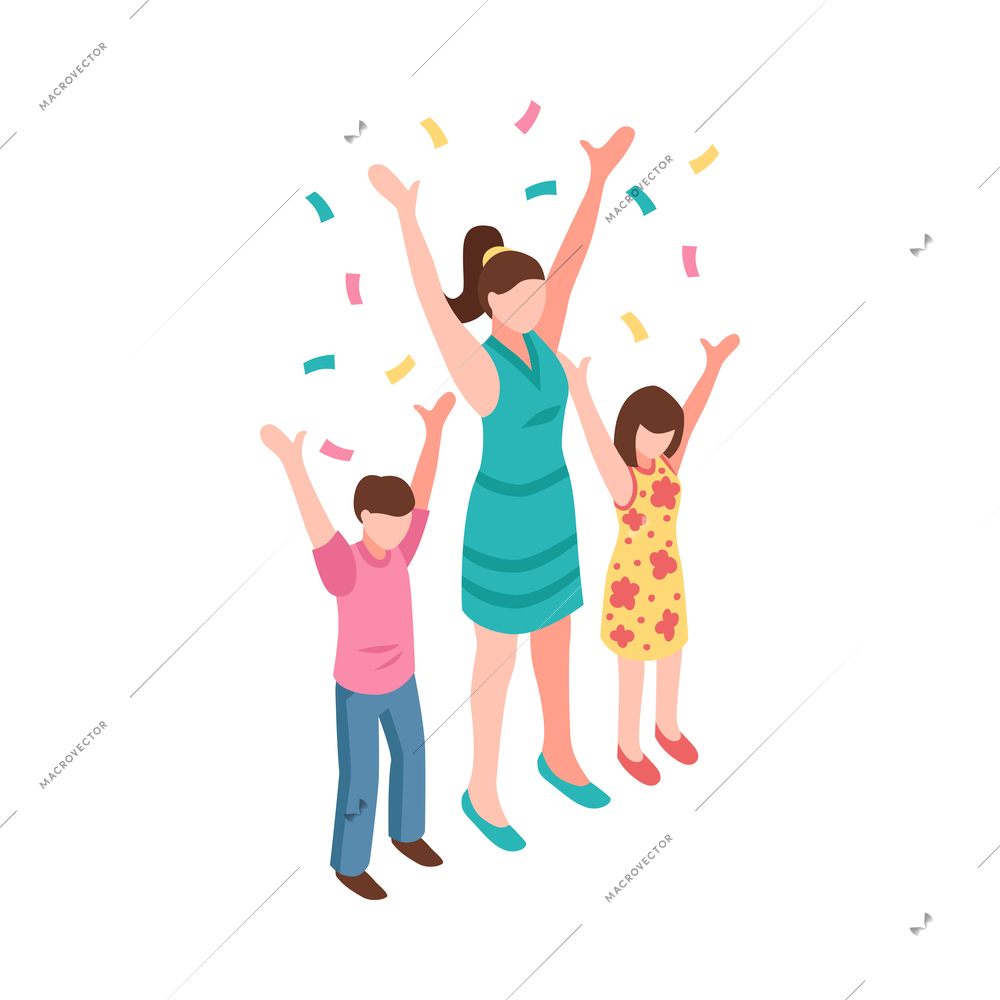 Holiday celebration isometric icon with happy characters of mum with kids throwing confetti vector illustration