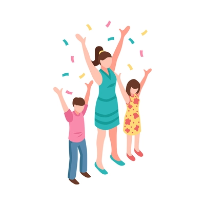 Holiday celebration isometric icon with happy characters of mum with kids throwing confetti vector illustration