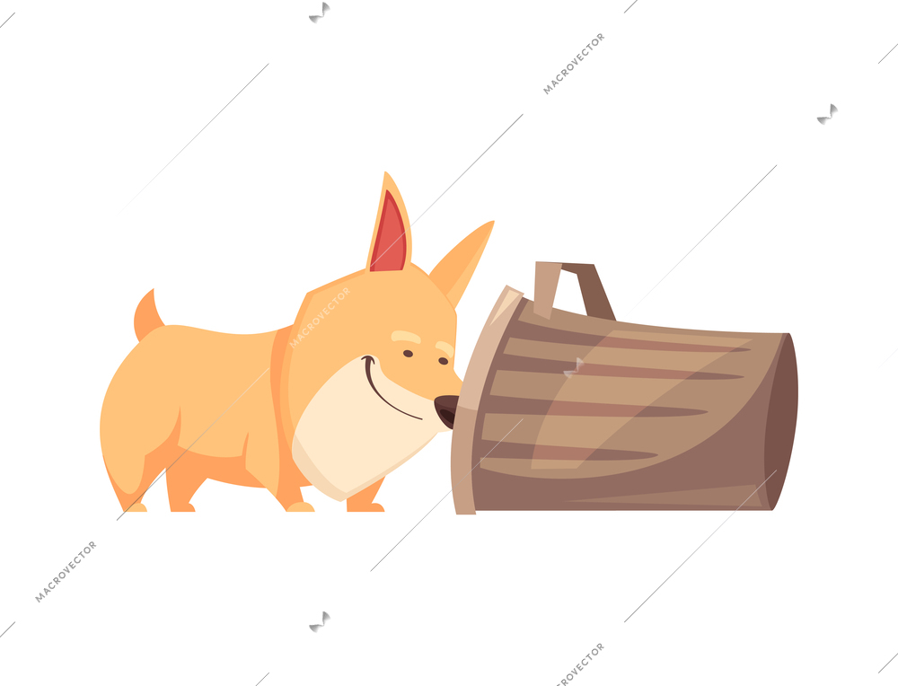 Cartoon cute naughty puppy looking inside trash container vector illustration