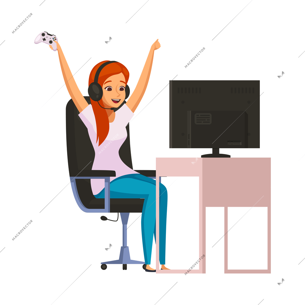 Cybersport esports cartoon concept with happy female gamer winner with joystick vector illustration