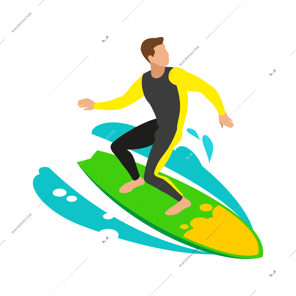 Male surfer on surfboard riding wave isometric icon 3d vector illustration