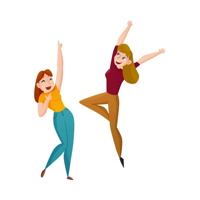 Excited girls jumping with joy flat vector illustration