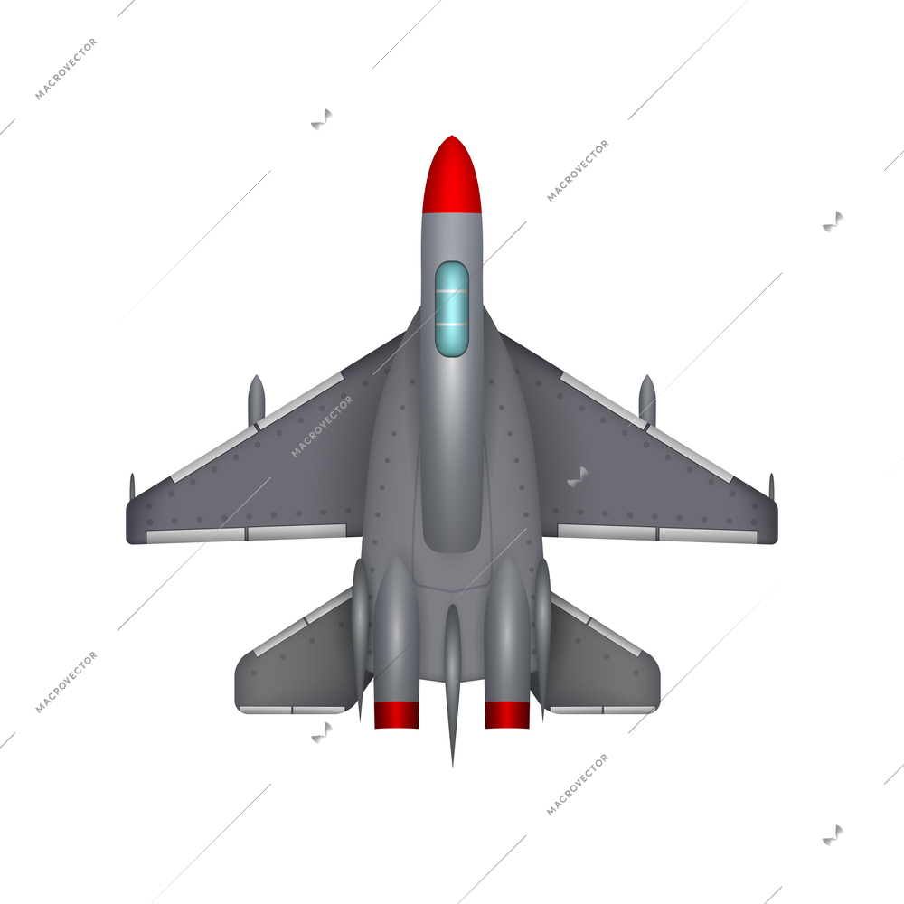 Realistic military aircraft top view on white background vector illustration