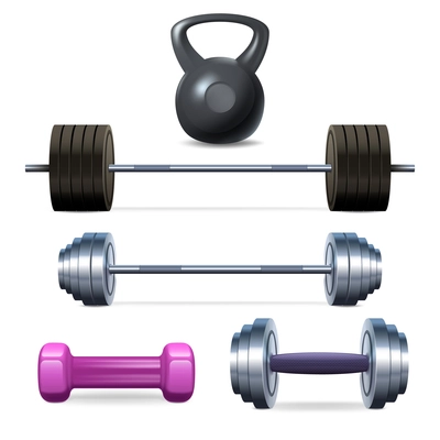 Dumbbells barbells and weight fitness and bodybuilding equipment realistic icons set isolated vector illustration