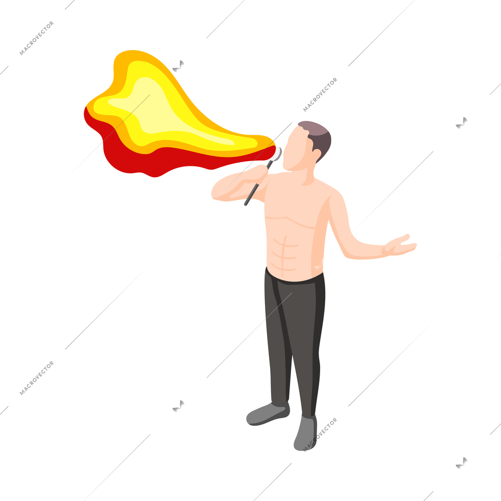 Isometric male fire eater character vector illustration