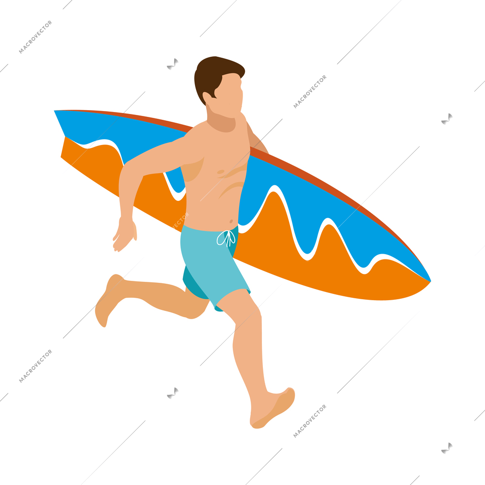 Male surfer running with surfboard isometric icon 3d vector illustration