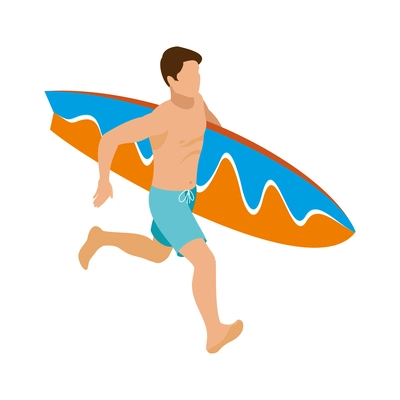 Male surfer running with surfboard isometric icon 3d vector illustration