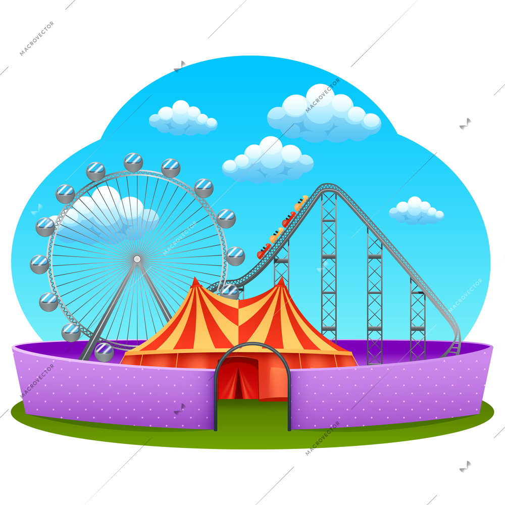 Amusement part concept with rollercoaster ferris wheel and marquee tent vector illustration