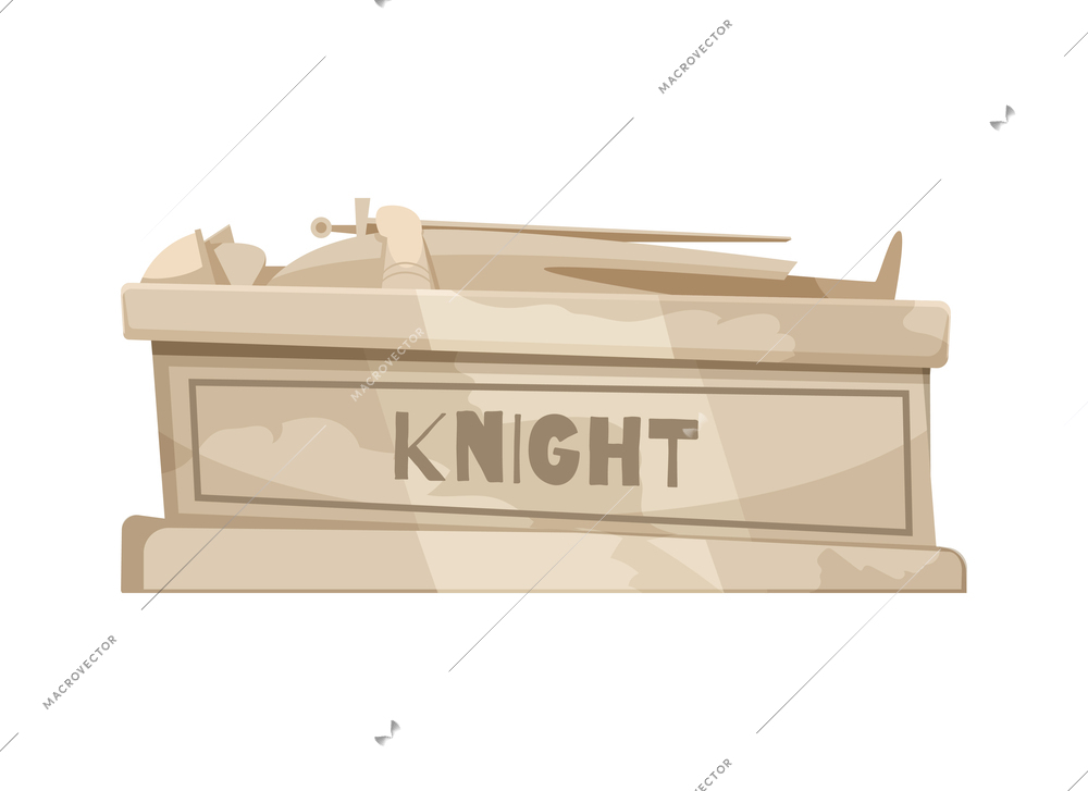 Archeology cartoon icon with ancient knight stone coffin vector illustration