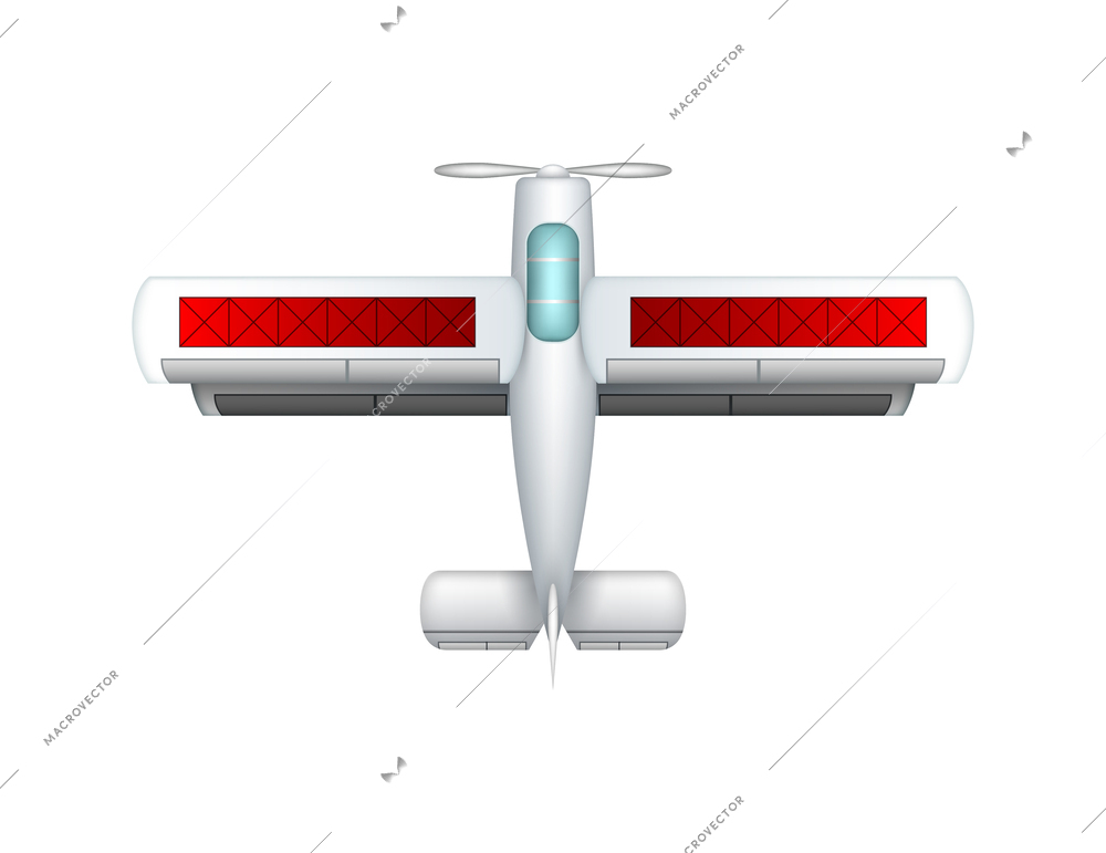 Realistic white and red agricultural plane top view vector illustration